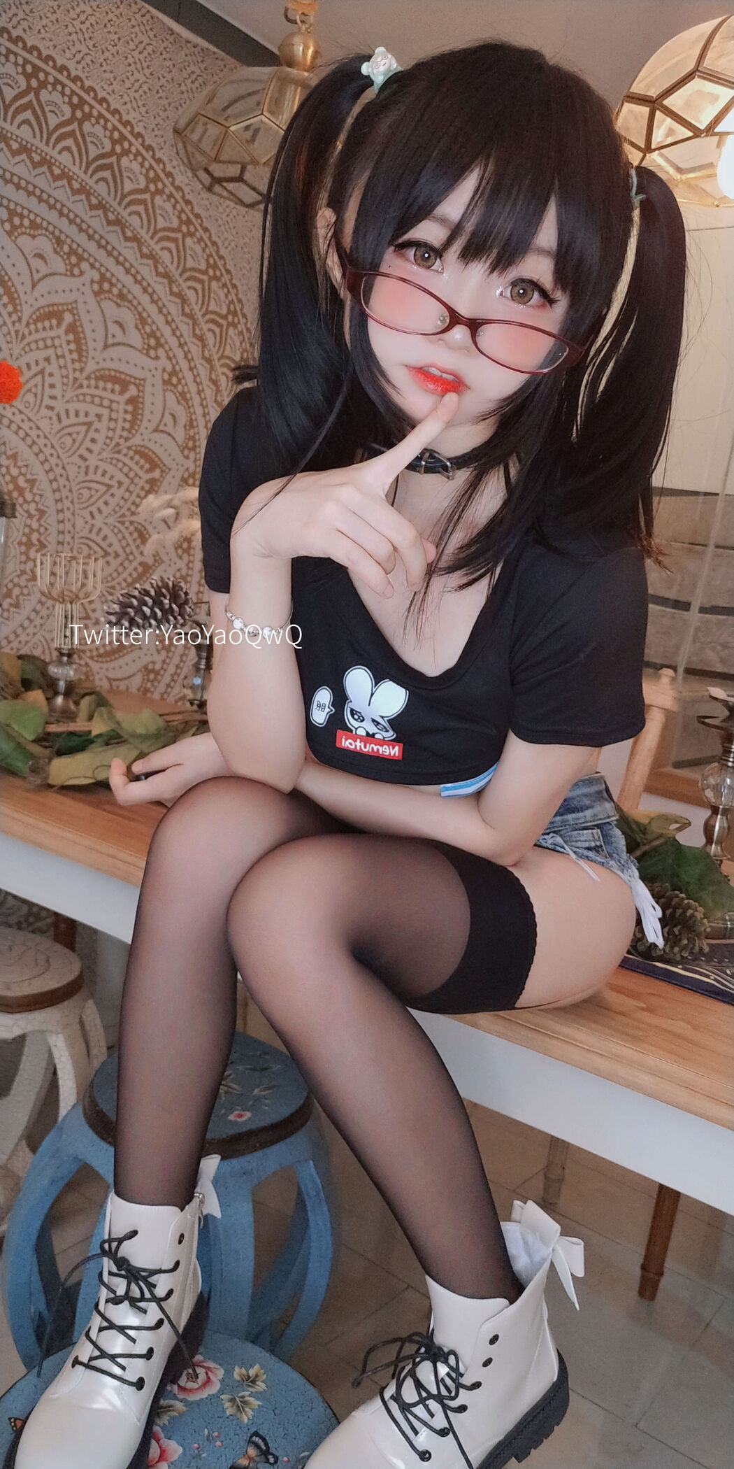 [Welfare COS] Cute girl Coser shakes music yoyo fantia November membership collection Black silk denim series