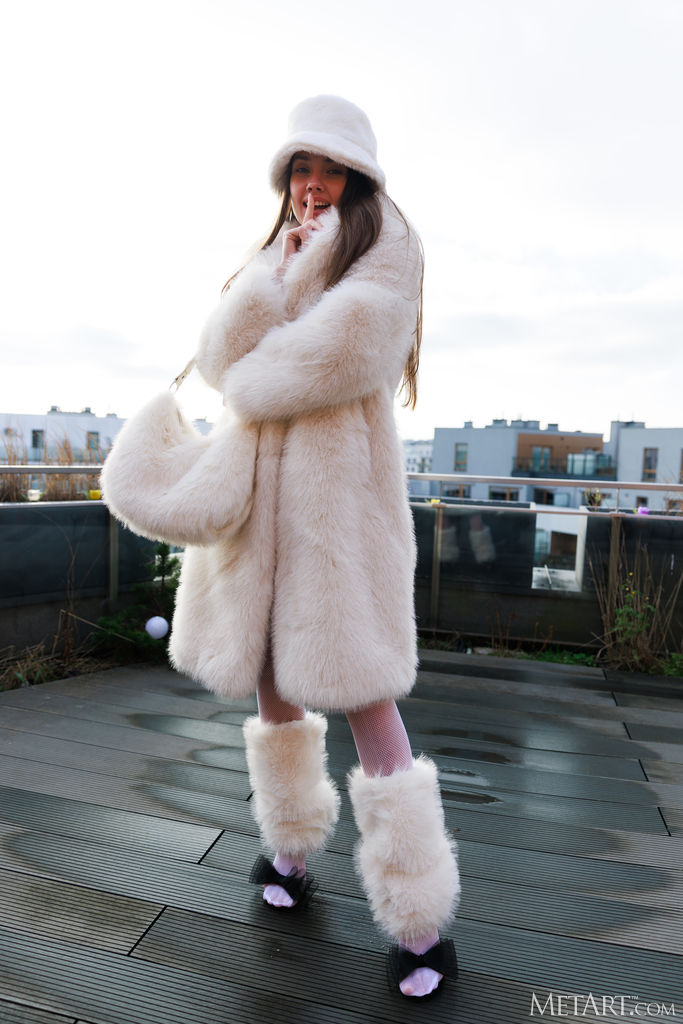 Georgia Gorgeous Blue Eyes Sparkle Flirtatiously As She Lets Her Coat Fall Open To Reveal Her Perfect Body Cover Photo