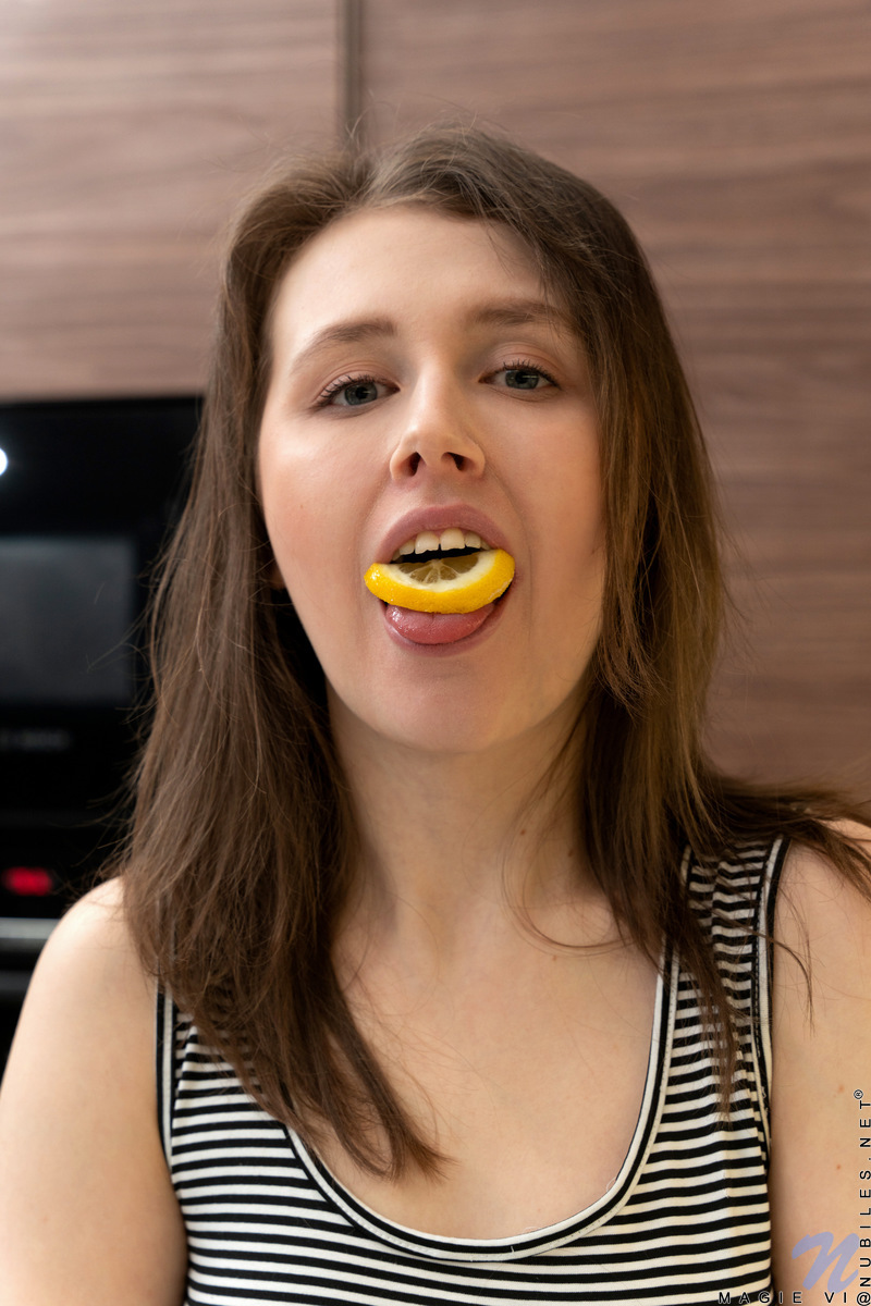 Magie Vi Runs Fruit All Over Her Curves From Tits To Bald Twat