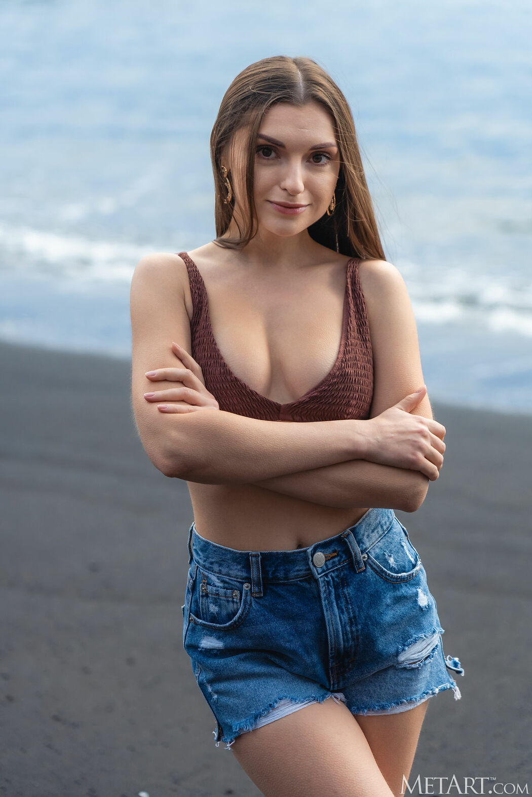 Monika May Siren Squad Strolls Beach In Denim Shorts, Beads Of Water Glisten