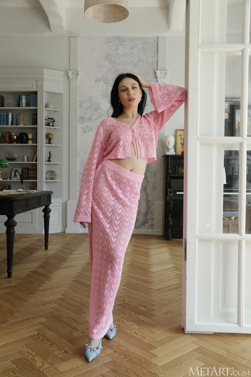 Elegant Kris Si Teases In Pink Sweater And Fitted Skirt With Painted Nails Cover Photo